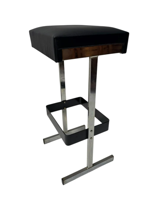 Four Mid-Century Modern Bar Stools with Black Leather Seats, 1970s